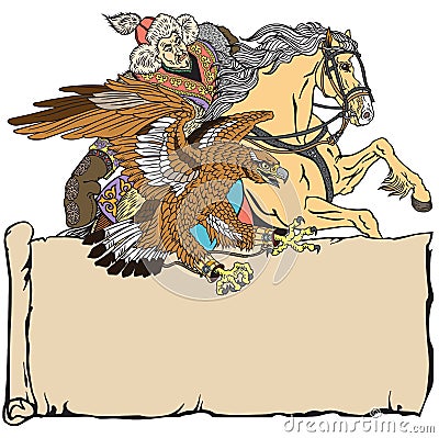 Hunting with an eagle on a horse. Template with scroll Vector Illustration