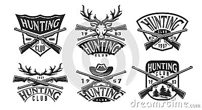 Hunting emblem. Collection hunt logo, set vintage label. Outdoor activities badge. Design elements vector illustration Vector Illustration