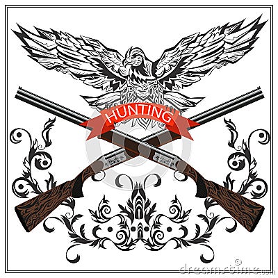 Hunting emblem, eagle decorative, tape, gun, rifles, floral ornament Vector Illustration
