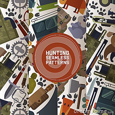 Hunting equipment set of seamless patterns vector illustration. Hunter accessories such as car, rifle gun and carbine Vector Illustration