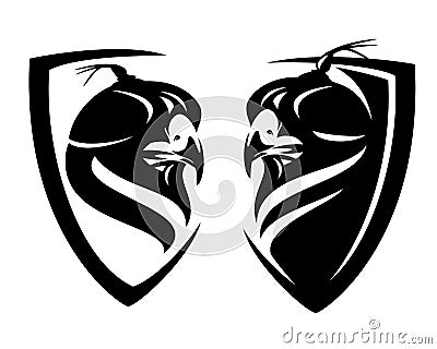 Hunting falcon bird wearing hood in simple heraldic shield black and white vector emblem Vector Illustration