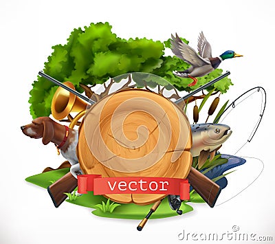 Hunting and fishing. 3d vector emblem Vector Illustration