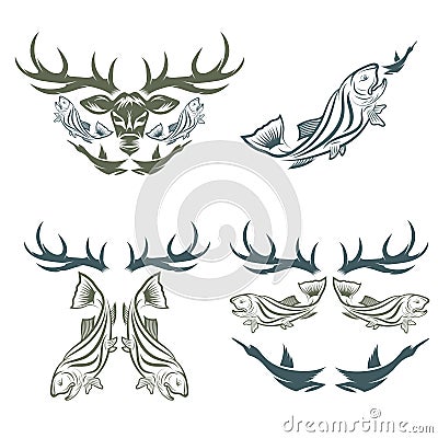 hunting and fishing labels and design elements Vector Illustration