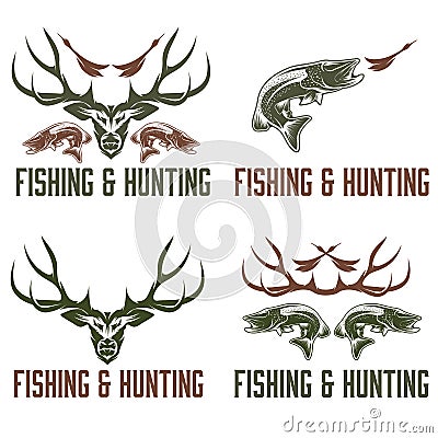 Hunting and fishing labels and design elements Vector Illustration