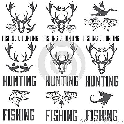 Hunting and fishing labels and design elements Vector Illustration