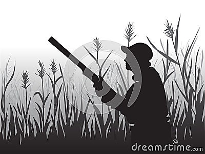 Hunting for game birds. Hunter aiming at the sky. A man holding a rifle. Shot at the ducks. Wildlife. Vector. Vector Illustration