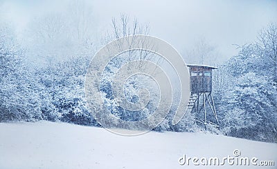 Hunting Hide. Winter in Central Europe. Snowfall. Stock Photo