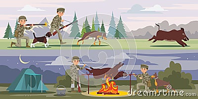 Hunting Horizontal Banners Vector Illustration