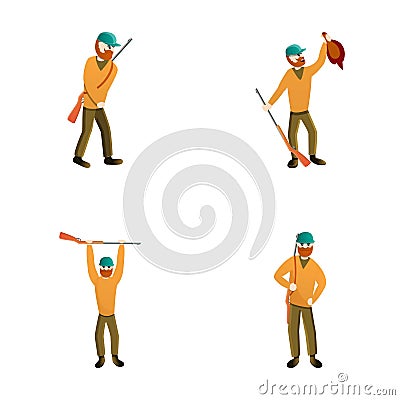 Hunting icons set cartoon vector. Bearded hunter character with rifle Vector Illustration