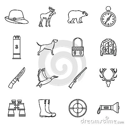 Hunting icons set, outline style Vector Illustration