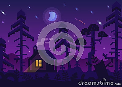 Hunting Lodge in the Night Forest Vector Illustration