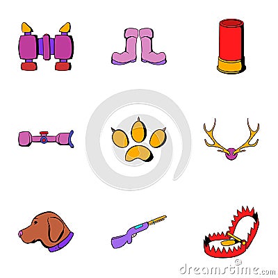 Hunting party icons set, cartoon style Vector Illustration