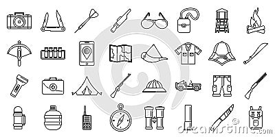 Hunting safari equipment icons set, outline style Vector Illustration