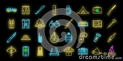 Hunting safari equipment icons set vector neon Vector Illustration