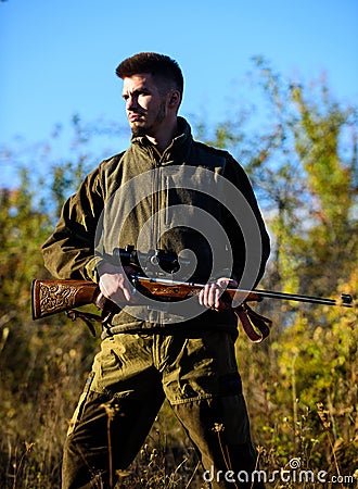 Hunting season. Experience and practice lends success hunting. Masculine leisure activity. Guy hunting nature Stock Photo