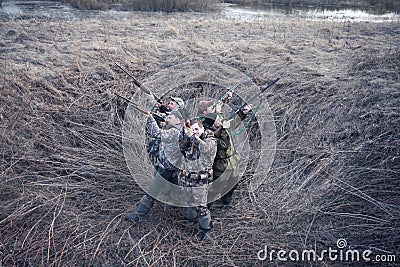 Hunting season in frosty morning in rural field with hunting tent Stock Photo