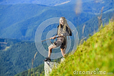 Hunting season. gender equality. head hunter camouflage. Weapon permit. woman assassin with gun. war time. female Stock Photo