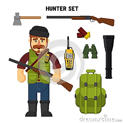 Hunting. A set of hunter items. Vector illustration, flat, cartoon style Vector Illustration