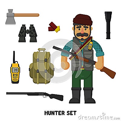 Hunting. A set of hunter items. Vector illustration, flat, cartoon style Vector Illustration