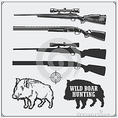 Hunting set. Vector monochrome illustration of a Wild Boar and Hunting rifles. Vector Illustration