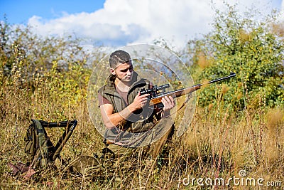 Hunting strategy or method for locating targeting and killing targeted animal. Man hunting wait for animal. Hunter with Stock Photo