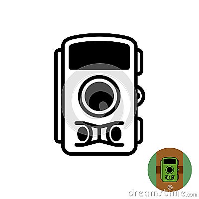 Hunting trap photo camera symbol. Forest tree mount video and photo registration recorder for catching wild animals. Vector Illustration