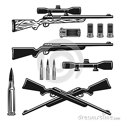 Hunting weapons set of vector objects or elements Vector Illustration