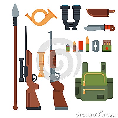 Hunting weapons and symbols design elements flat style hunter forest wild animals vector illustration. Vector Illustration