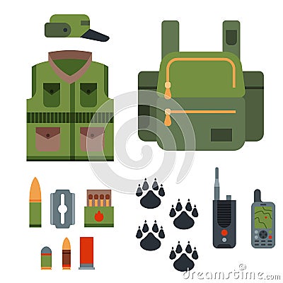 Hunting weapons and symbols design elements flat style hunter forest wild animals vector illustration. Vector Illustration