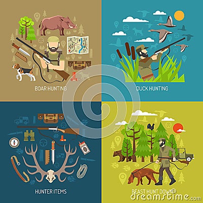 Hunting 2x2 Design Concept Set Vector Illustration