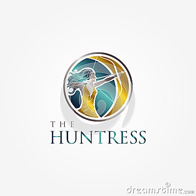 The Huntress Archery Elegant Logo Symbol With Metal Color Vector Illustration