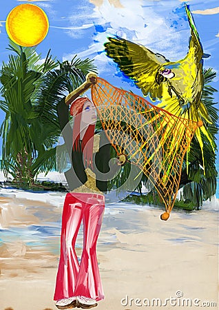 Huntress parrots (digital painting) Stock Photo