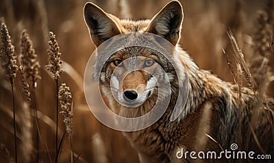 The Huntress Photo of coyote captured in its natural habitat stealthily prowling through a field of tall grass with its keen Stock Photo