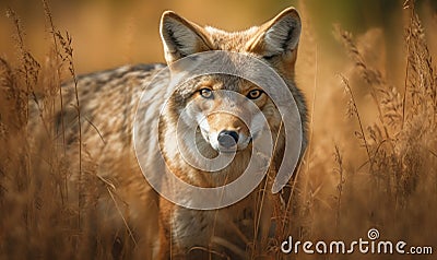 The Huntress Photo of coyote captured in its natural habitat stealthily prowling through a field of tall grass with its keen Stock Photo