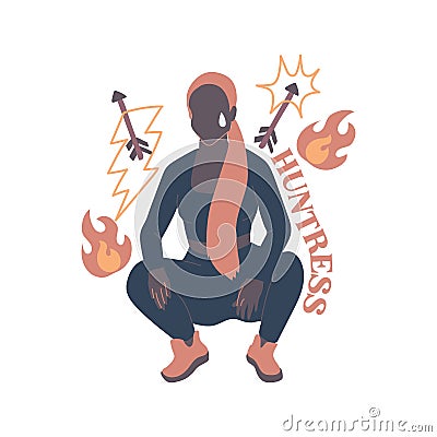 Long haired woman squatting. Huntress female archetype Vector Illustration