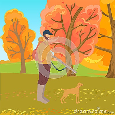Huntsman and Dog in Forest, Hunting Hobby Vector Vector Illustration