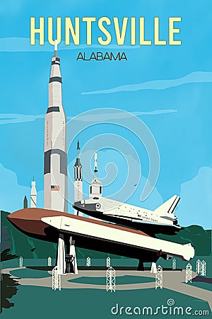 Huntsville Alabama travel poster with rocket space center illudtration Stock Photo