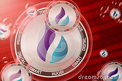Huobi Token crash, bubble. Huobi Token HT coins in a bubbles on the binary code background Stock Photo