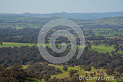 Huon hill lookout Parklands spectacular views of Lake Hume, the Kiewa Valley, the Alpine Region, Murray and Kiewa Rivers, Stock Photo