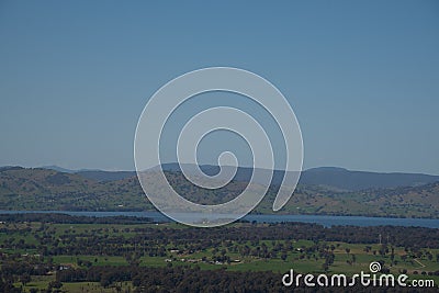 Huon hill lookout Parklands spectacular views of Lake Hume, the Kiewa Valley, the Alpine Region, Murray and Kiewa Rivers, Stock Photo