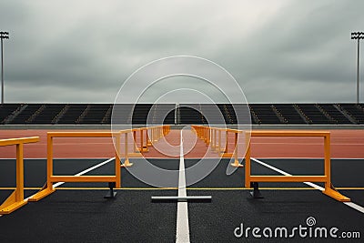 hurdles set up symmetrically on an empty race track Stock Photo