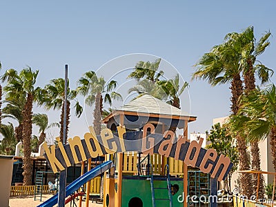 Hurghada, Egypt- September 22, 2021: Children`s playground with slides and attractions on site. Copy space Editorial Stock Photo
