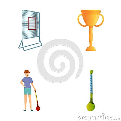 Hurling icons set cartoon vector. Player in helmet and hurling equipment Vector Illustration