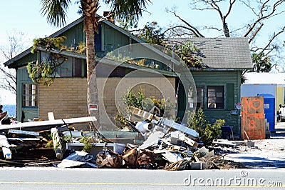 Hurricane damaged building with No Trespassing sign Editorial Stock Photo