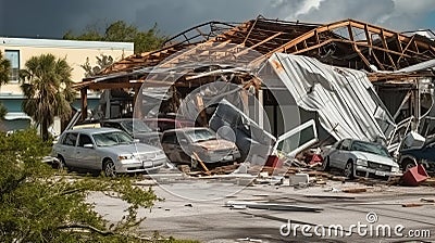 Hurricane destroyed industrial building with damaged cars under ruins. Natural disaster and its consequences. Generative AI Stock Photo