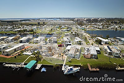 Hurricane Ian destroyed homes in Florida residential area. Natural disaster and its consequences Stock Photo