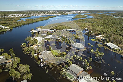 Hurricane Ian flooded houses in Florida residential area. Natural disaster and its consequences Editorial Stock Photo