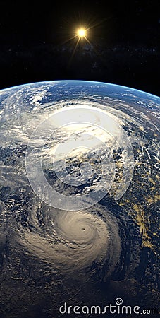 Hurricane visible above the earth, satellite view. Elements of this image furnished by NASA Editorial Stock Photo