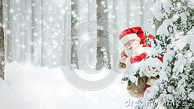 Hurried Santa Claus is running fast through the woods Stock Photo