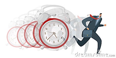 Hurry, late arrival. Busy business worker running away, huge alarm clock, missing deadline, stressed male at work. Man Vector Illustration